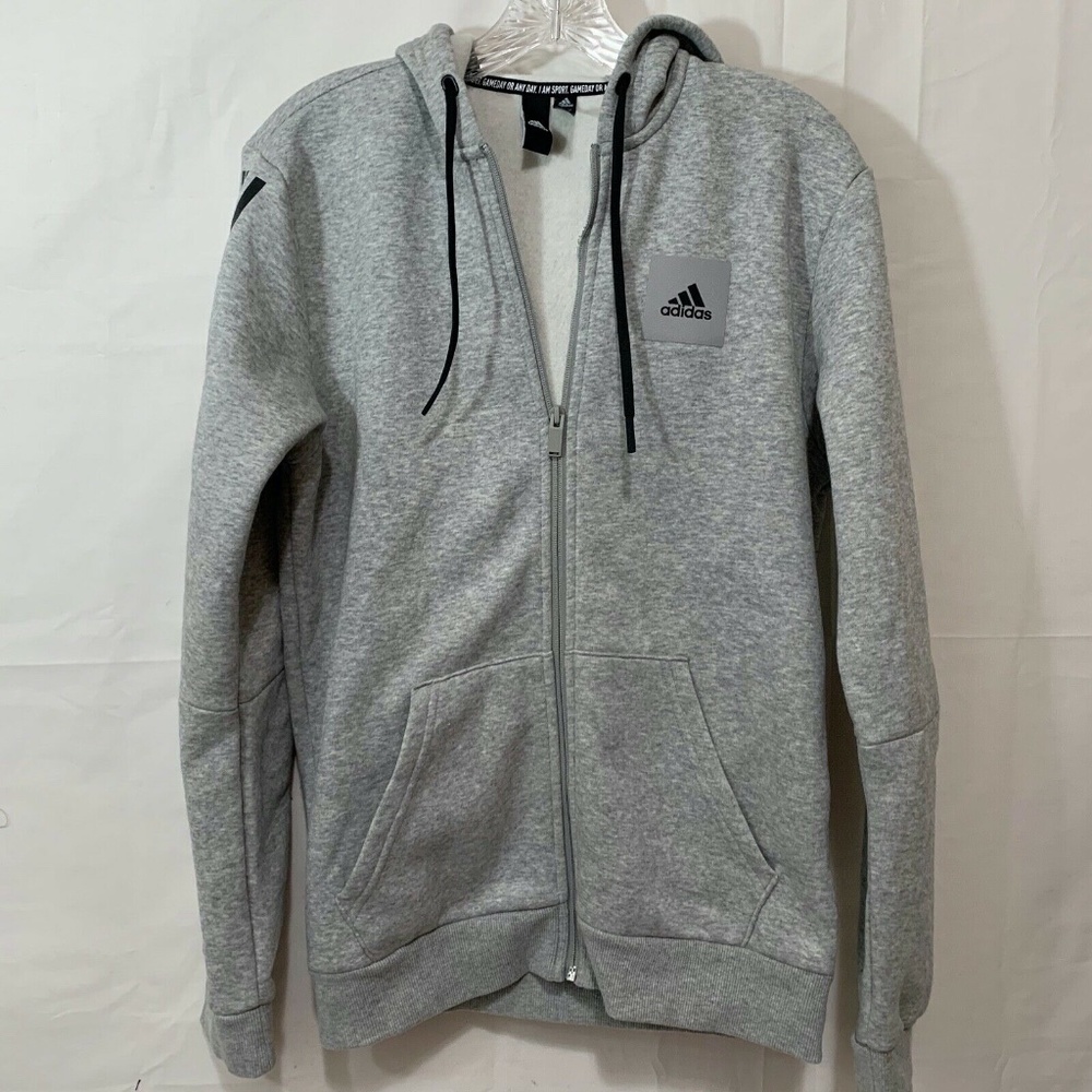 Adidas Men New Full Zip Striped Sleeve Grey Hooded Sweatshirt Size Small